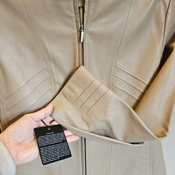 Kenneth Cole Vintage Y2K Tan Leather Fitted Zip Moto Jacket Womens Sz L New NWT - Picture 2 of 6